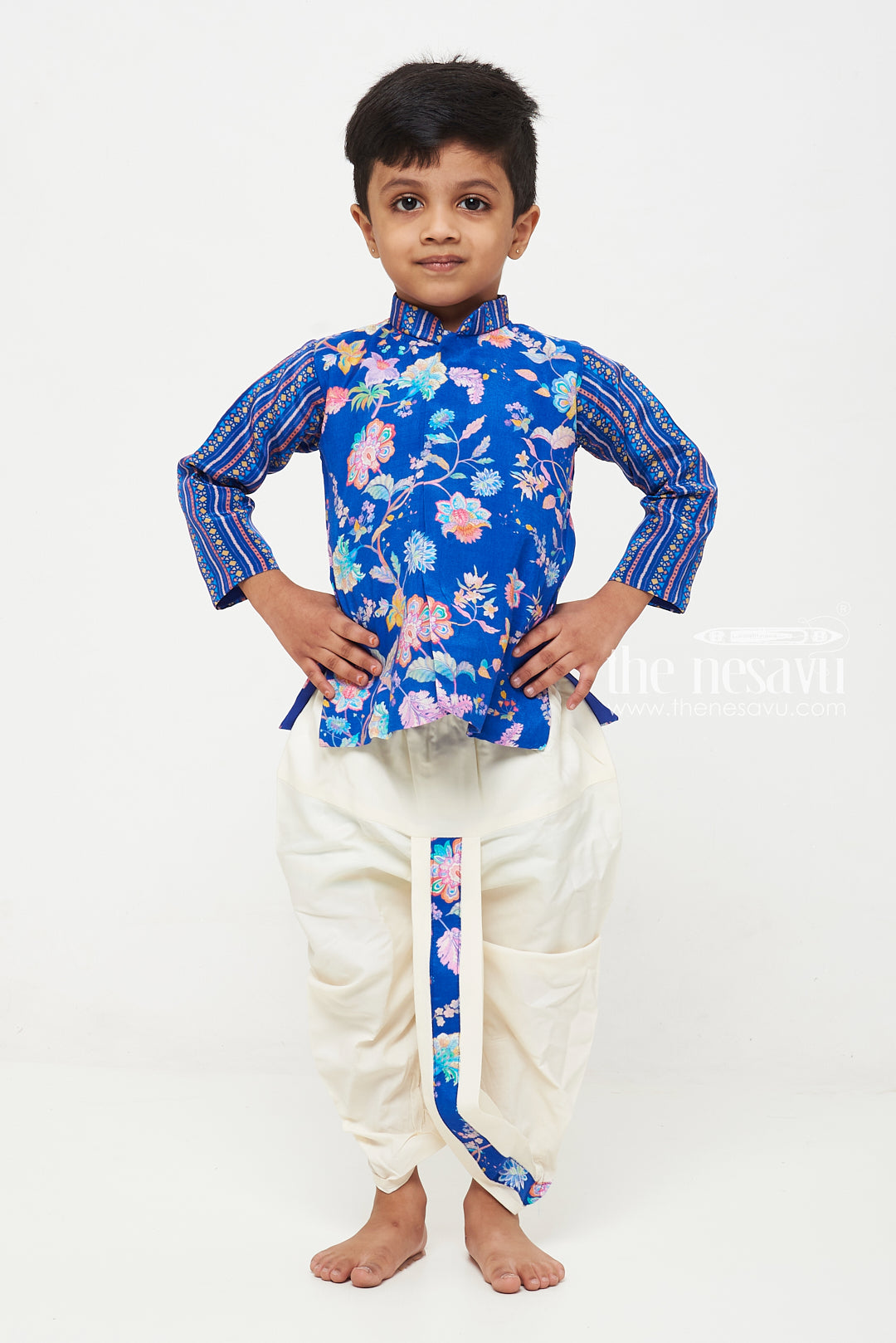 The Nesavu Boys Dothi Set Royal Blue Floral Boys Dhoti Set for Weddings and Parties Nesavu