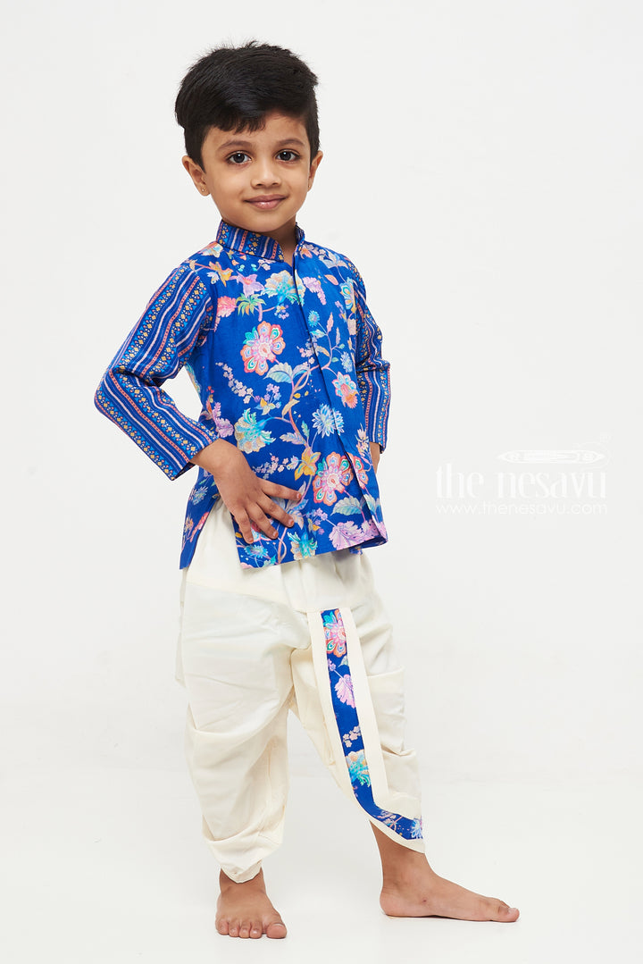 The Nesavu Boys Dothi Set Royal Blue Floral Boys Dhoti Set for Weddings and Parties Nesavu