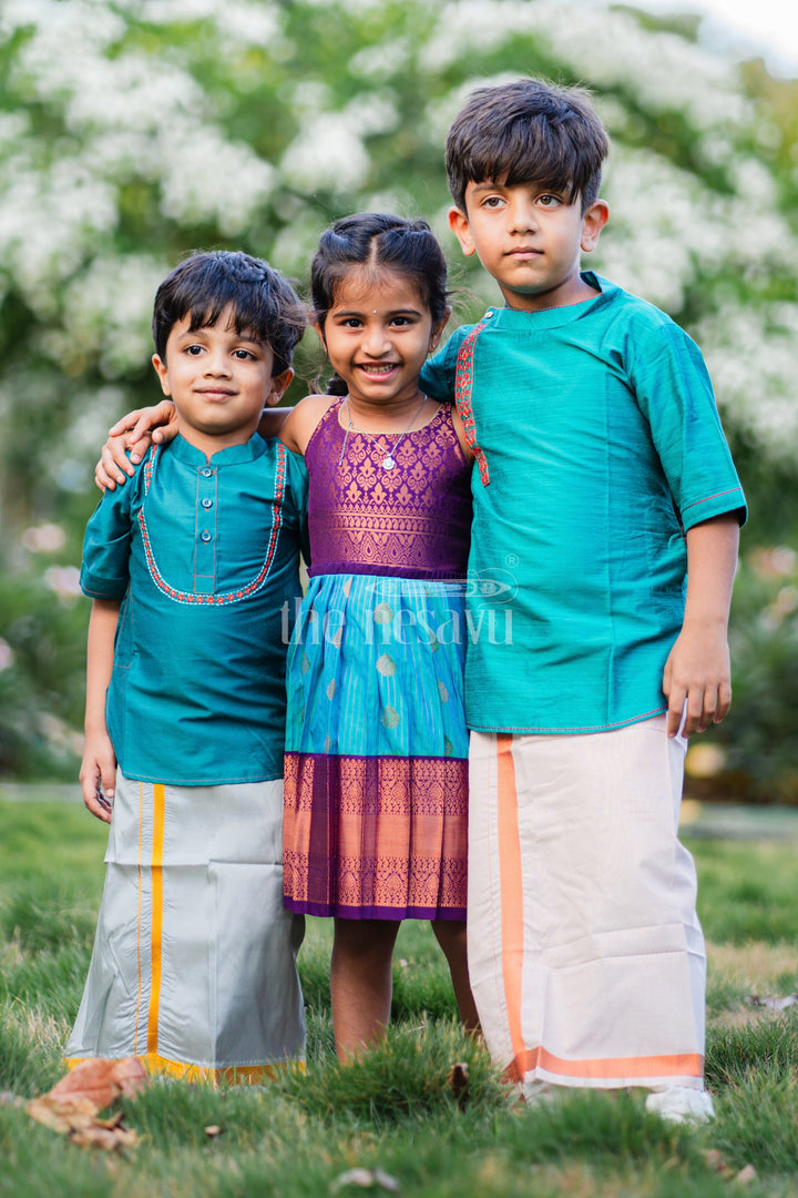 The Nesavu Girls Kanchi Silk Frock Royal Festive Attire for Little Ones: Purple and Green Kanji Border Silk Frock Nesavu Royal Festive Attire for Little Ones: Purple and Green Kanji Border Silk Frock