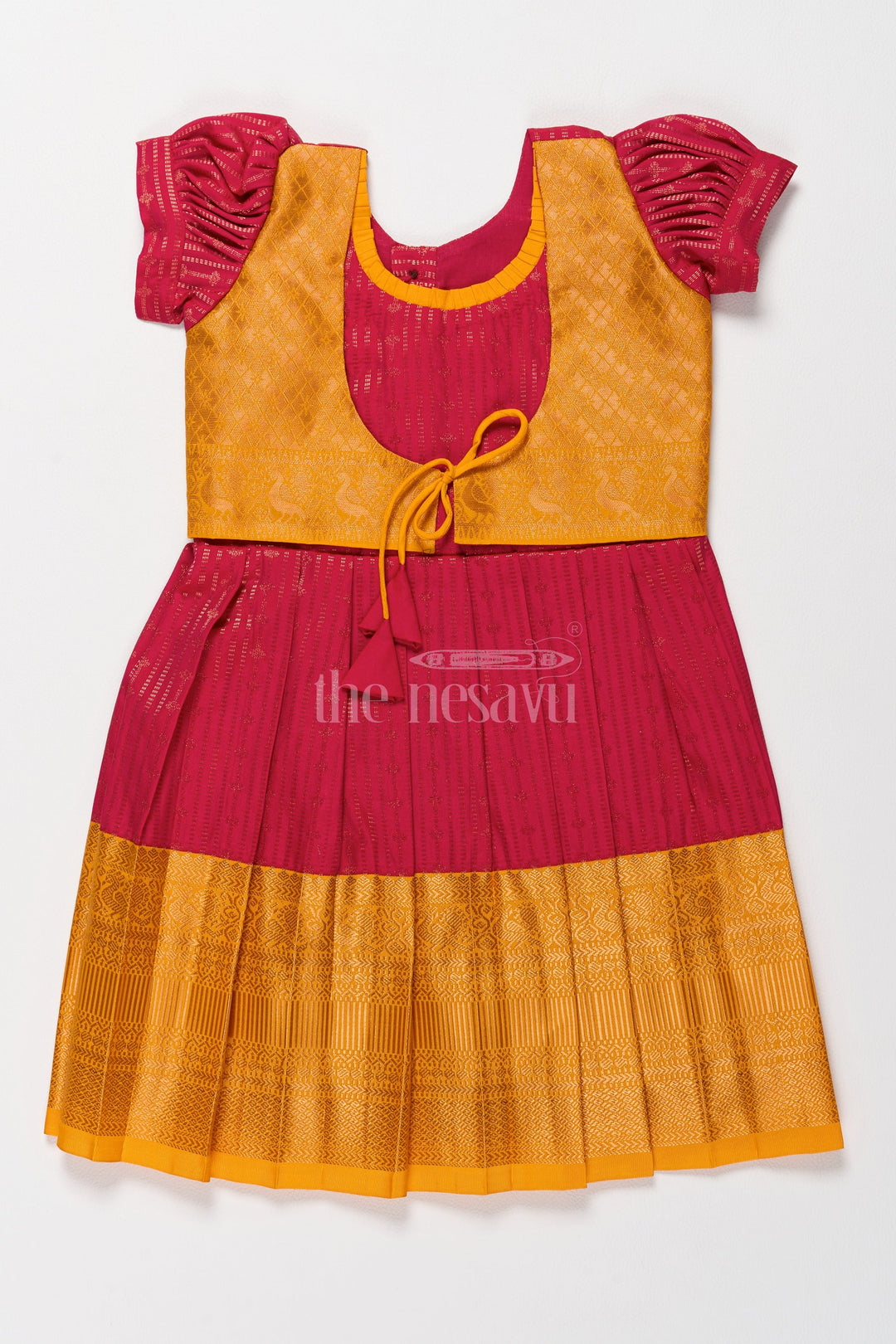 The Nesavu Girls Kanchi Silk Frock Royal Magenta and Yellow Girls Kanchi Gown Silk Frock with Golden Threadwork Nesavu 20 (3Y) / Magenta / Style 2 SF820BB-20 Nesavus Magenta Yellow Kanchi Gown Silk Frock Girls Tasseled Jacket