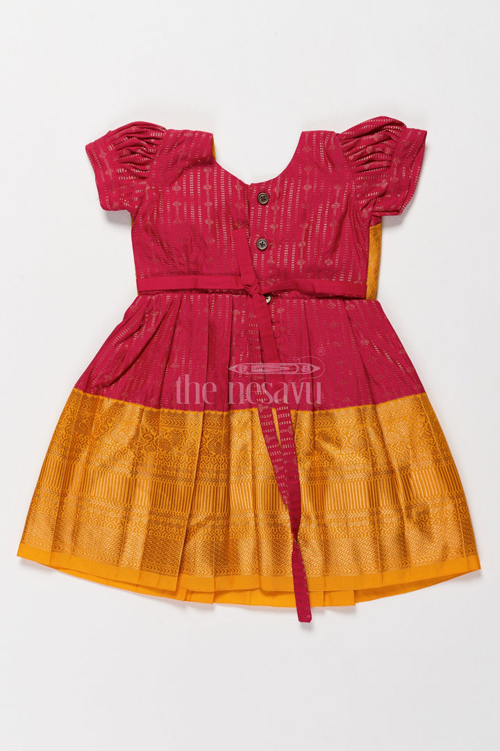 The Nesavu Girls Kanchi Silk Frock Royal Magenta and Yellow Girls Kanchi Gown Silk Frock with Golden Threadwork Nesavu Nesavus Magenta Yellow Kanchi Gown Silk Frock Girls Tasseled Jacket