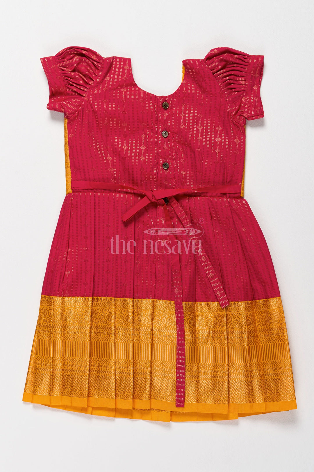 The Nesavu Girls Kanchi Silk Frock Royal Magenta and Yellow Girls Kanchi Gown Silk Frock with Golden Threadwork Nesavu Nesavus Magenta Yellow Kanchi Gown Silk Frock Girls Tasseled Jacket