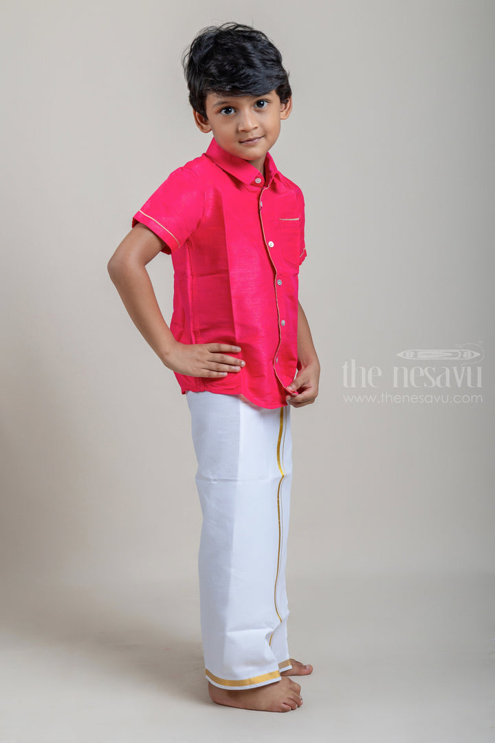 The Nesavu Boys Shirts Royal Pink Traditional Boys Pattu Shirt With Pocket psr silks Nesavu