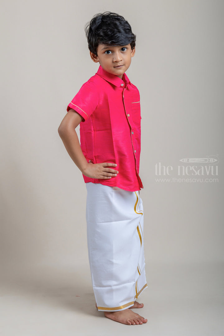 The Nesavu Boys Shirts Royal Pink Traditional Boys Pattu Shirt With Pocket psr silks Nesavu