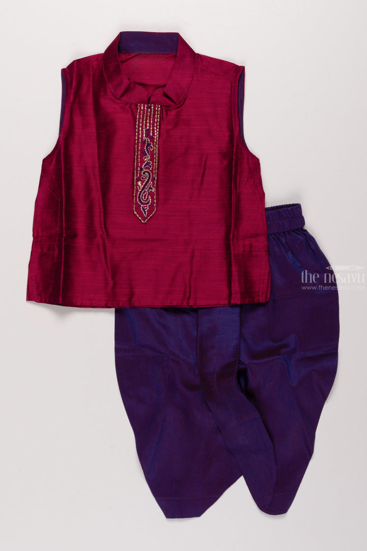 The Nesavu Boys Dothi Set Royal Radiance: Boys' Purple and Blue Silk Ensemble with Detailed Embroidery- Ethnic wear for boys Nesavu 12 (3M) / Purple / Cotton Dupion BES425A-12 Festive Flair for Little Gents | Boys Kurta and Panchagajam New Arrivals | The Nesavu