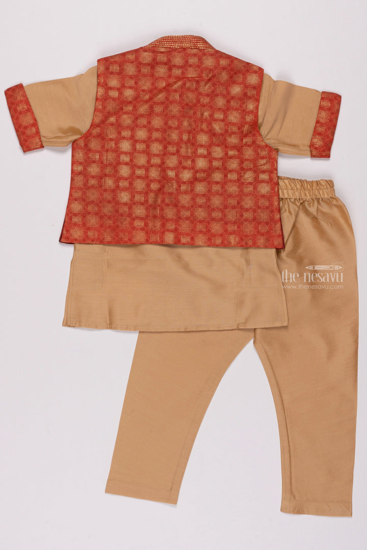 The Nesavu Boys Jacket Sets Ruby Radiance: Geometrically Inspired Red Overcoat Kurta & Soft Beige Pant Set for Boys Nesavu Latest Boys Kurta Collection | Elegant Ethnic Wear | The Nesavu