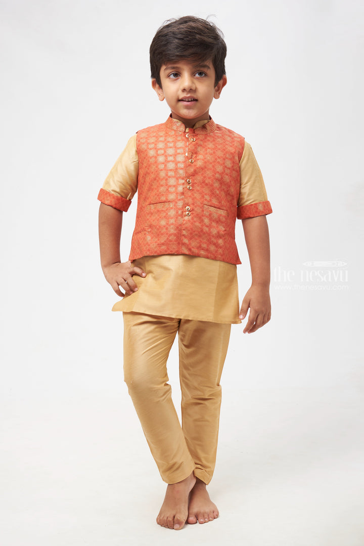 The Nesavu Boys Jacket Sets Ruby Radiance: Geometrically Inspired Red Overcoat Kurta & Soft Beige Pant Set for Boys Nesavu Latest Boys Kurta Collection | Elegant Ethnic Wear | The Nesavu