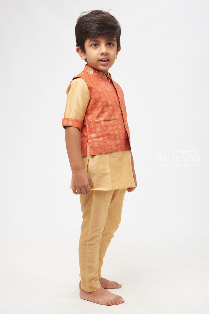 The Nesavu Boys Jacket Sets Ruby Radiance: Geometrically Inspired Red Overcoat Kurta & Soft Beige Pant Set for Boys Nesavu Latest Boys Kurta Collection | Elegant Ethnic Wear | The Nesavu