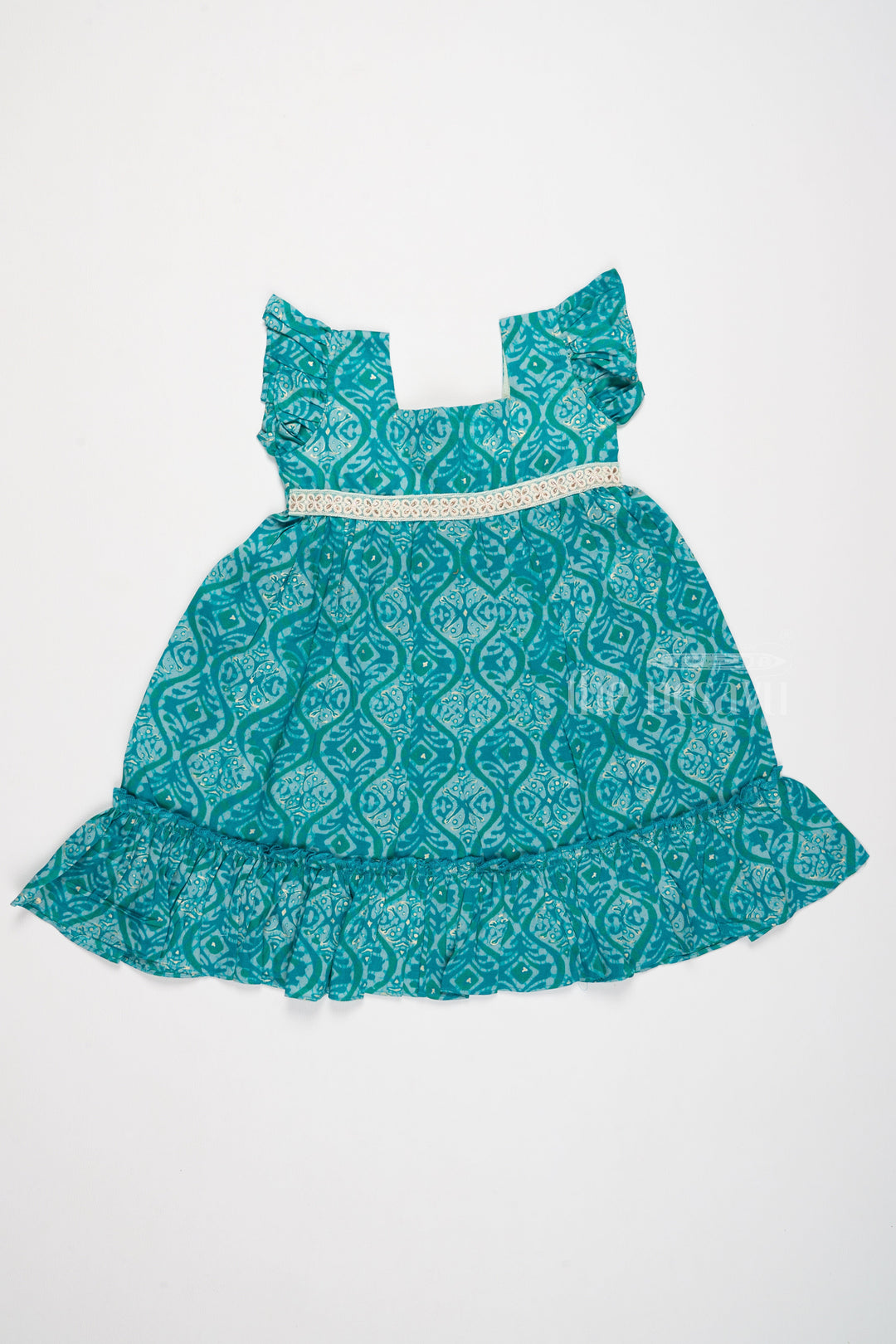 The Nesavu Girls Cotton Frock Ruffled Babydoll Mini Dress for Girls in Teal with Intricate Print Nesavu Nesavu Ruffled Babydoll Mini Dress Girls Teal Intricate Prints