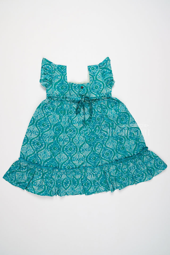 The Nesavu Girls Cotton Frock Ruffled Babydoll Mini Dress for Girls in Teal with Intricate Print Nesavu Nesavu Ruffled Babydoll Mini Dress Girls Teal Intricate Prints