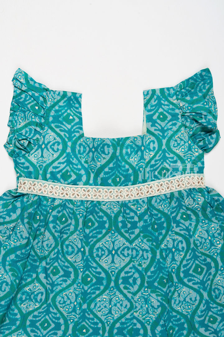 The Nesavu Girls Cotton Frock Ruffled Babydoll Mini Dress for Girls in Teal with Intricate Print Nesavu Nesavu Ruffled Babydoll Mini Dress Girls Teal Intricate Prints