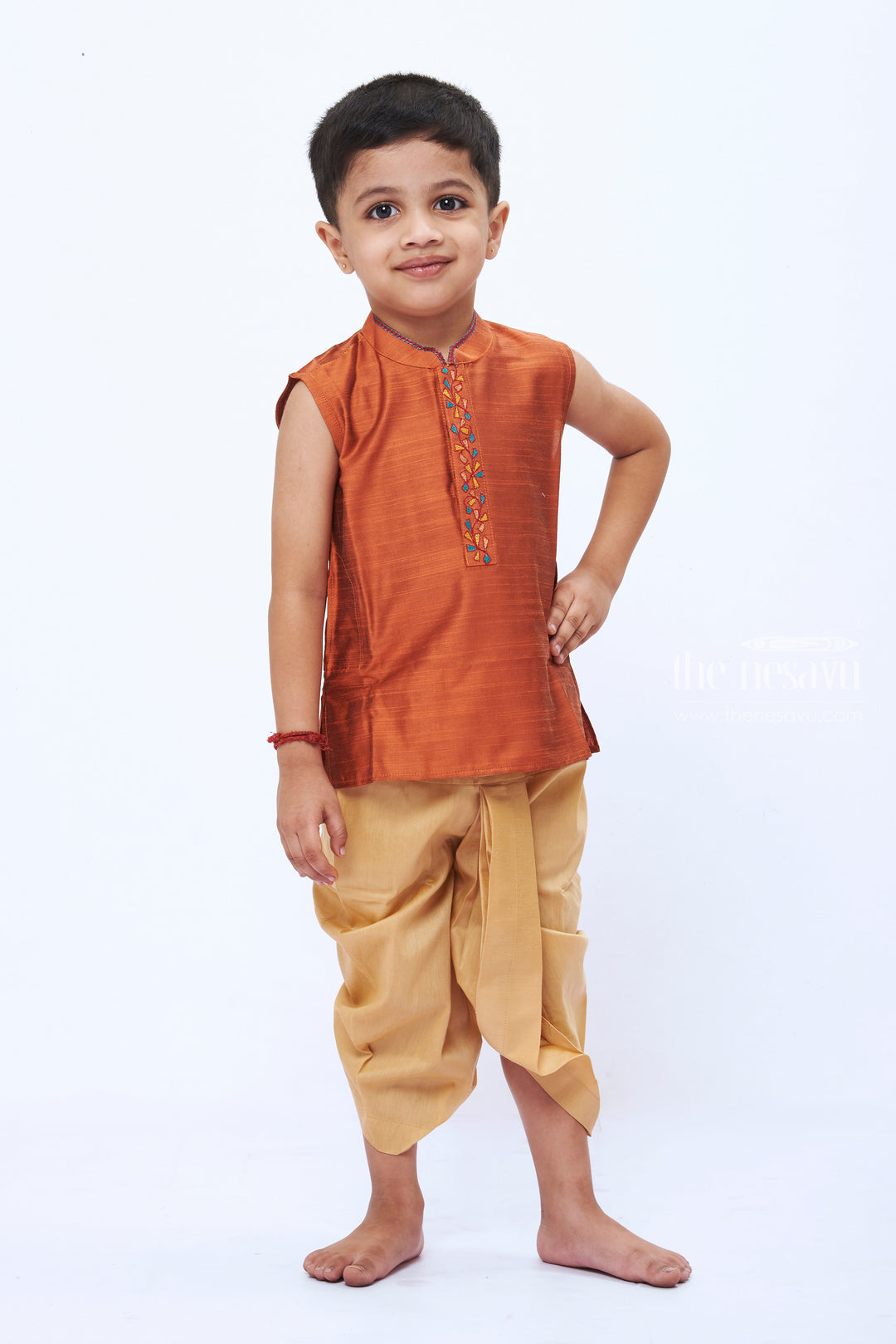 The Nesavu Boys Dothi Set Rustic Brown Embroidered Kurta with Beige Dhoti Set for Boys Nesavu 12 (3M) / Brown / Blend Silk BES480A-12 Boys Brown Embroidered Kurta Set | Beige Dhoti for Traditional Occasions | The Nesavu