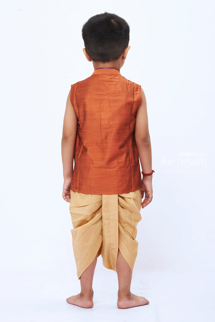 The Nesavu Boys Dothi Set Rustic Brown Embroidered Kurta with Beige Dhoti Set for Boys Nesavu Boys Brown Embroidered Kurta Set | Beige Dhoti for Traditional Occasions | The Nesavu