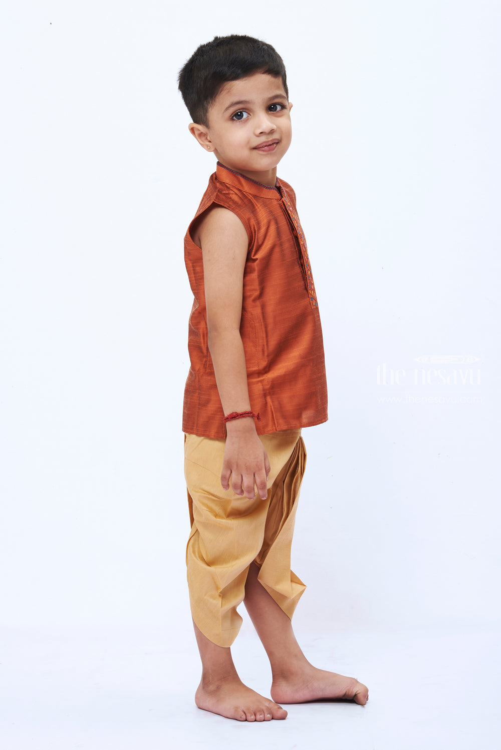 The Nesavu Boys Dothi Set Rustic Brown Embroidered Kurta with Beige Dhoti Set for Boys Nesavu Boys Brown Embroidered Kurta Set | Beige Dhoti for Traditional Occasions | The Nesavu