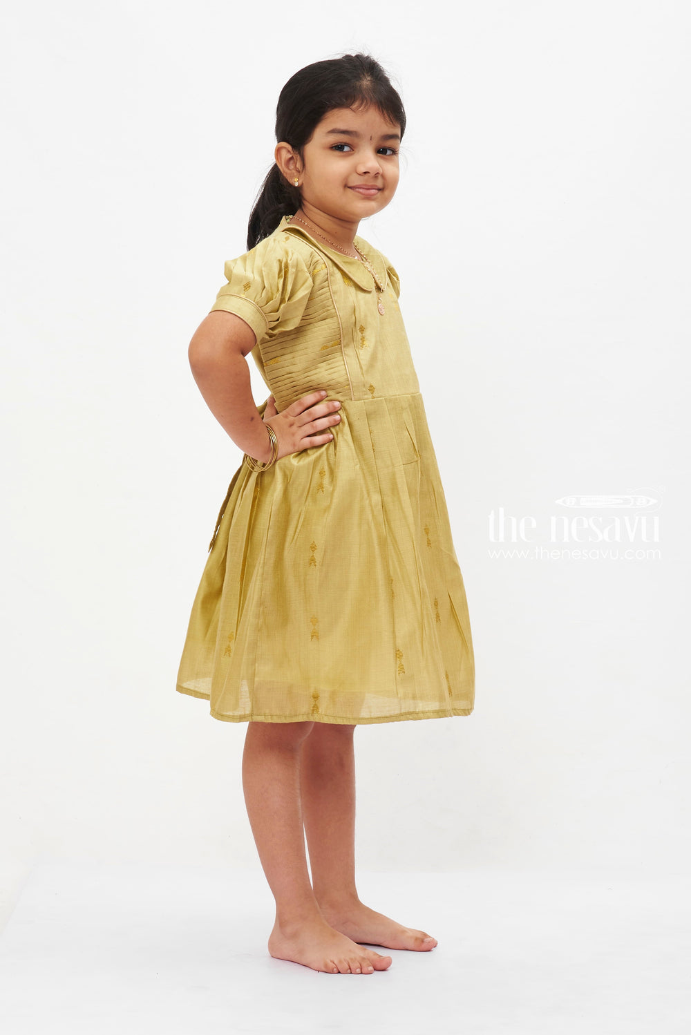 The Nesavu Girls Cotton Frock Sage Splendor Puff Sleeve Dress: Girls' Festive Frock with Golden Accents Nesavu Elegant Sage Green Girls Dress with Gold Motifs | Traditional Puff Sleeve Frock | The Nesavu