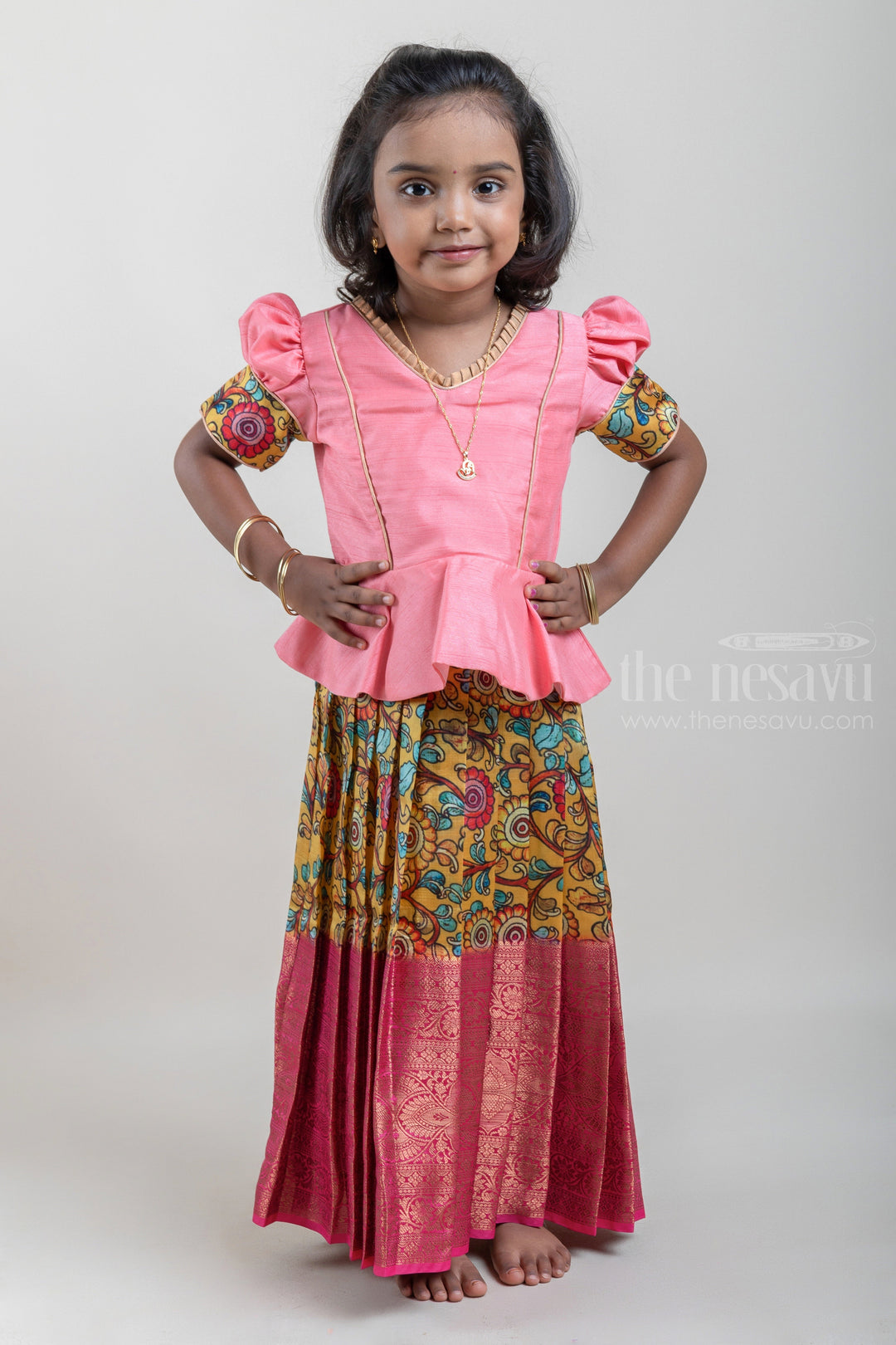 The Nesavu Pattu Pavadai Salmon Pink and Yellow Silk Pattu Pavadai for Girls with Floral Cuffs and Banarasi Border Nesavu 16 (1Y) / Salmon / Big Border GPP269A-16 Salmon Pink and Yellow Silk Pattu Pavadai for Girls at The Nesavu | Traditional Indian Outfit