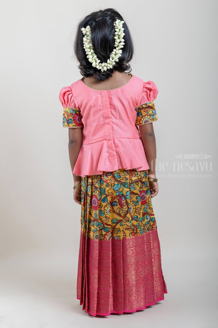 The Nesavu Pattu Pavadai Salmon Pink and Yellow Silk Pattu Pavadai for Girls with Floral Cuffs and Banarasi Border Nesavu Salmon Pink and Yellow Silk Pattu Pavadai for Girls at The Nesavu | Traditional Indian Outfit