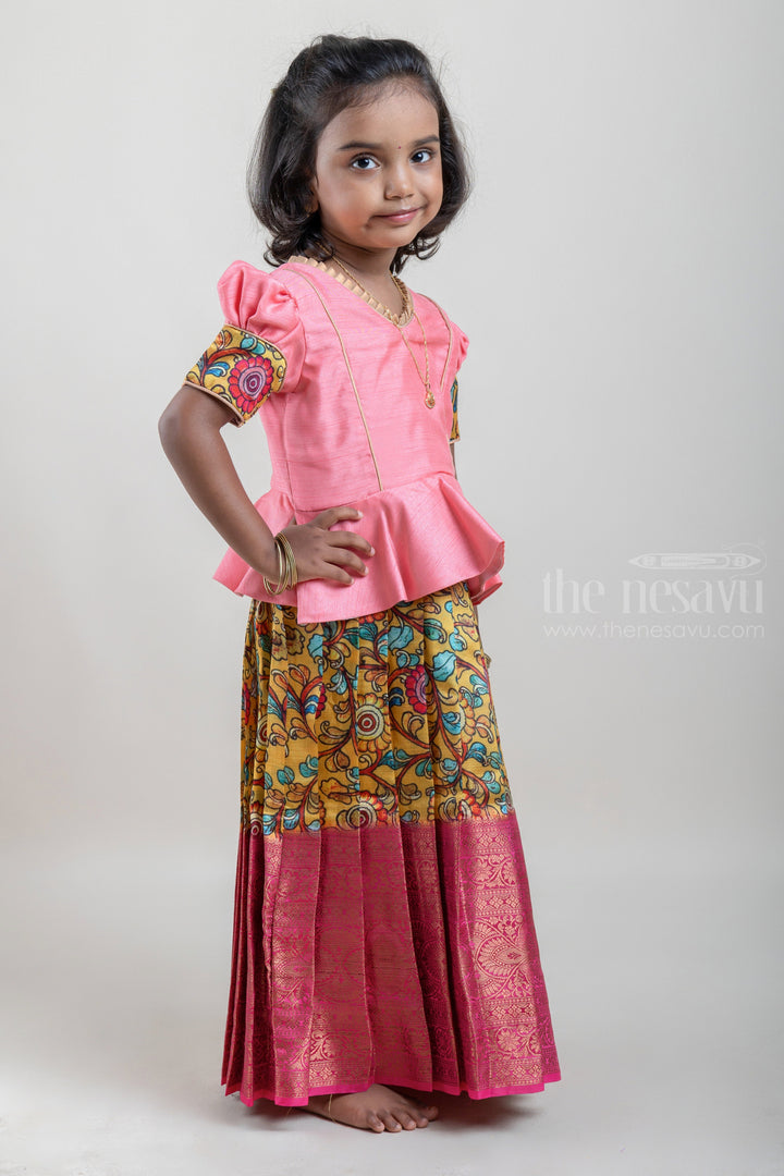 The Nesavu Pattu Pavadai Salmon Pink and Yellow Silk Pattu Pavadai for Girls with Floral Cuffs and Banarasi Border Nesavu Salmon Pink and Yellow Silk Pattu Pavadai for Girls at The Nesavu | Traditional Indian Outfit