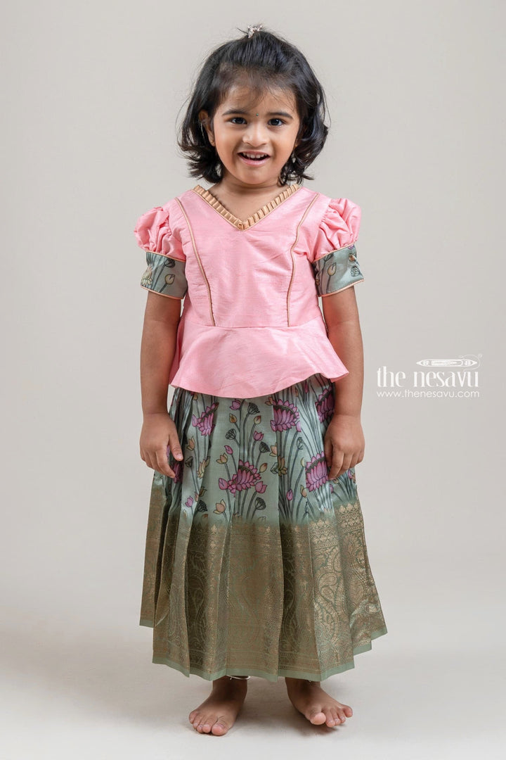 The Nesavu Pattu Pavadai Salmon Pink Silk Blouse N Green Floral Printed Pattu Pavadai for Girls Nesavu 14 (6M) / Green / Taffeta Silk GPP271A-14 Premium Pattu pavadai |Banarasi Border for Girls | The Nesavu