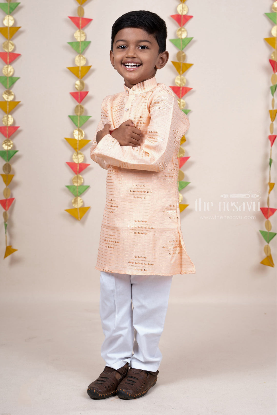 The Nesavu Boys Kurtha Set Sandal Self Textured Mandarin Collar Soft Semi Linen Kurta Suit For Baby Boys Nesavu Chikankari Kurta Suit For Baby Boys Online | Smart Wear Casual Ideas | The Nesavu