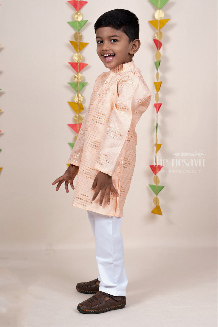 The Nesavu Boys Kurtha Set Sandal Self Textured Mandarin Collar Soft Semi Linen Kurta Suit For Baby Boys Nesavu Chikankari Kurta Suit For Baby Boys Online | Smart Wear Casual Ideas | The Nesavu