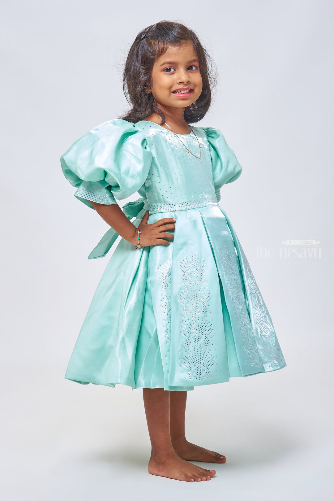 The Nesavu Girls Fancy Party Frock Sapphire Elegance: Sparkling Stone-Worked Box Pleated Organza Party Frock Nesavu 12 (3M) / Blue / Silk Blend PF144B-12 Beautiful Baby Girl Party Frock | Exclusive Dresses for Young Girls | The Nesavu