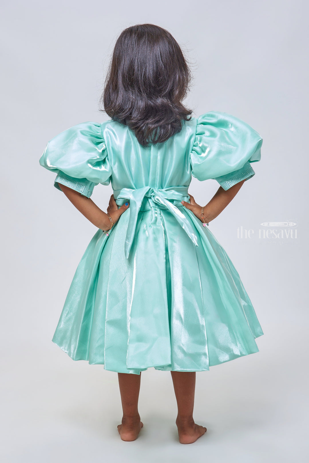 The Nesavu Girls Fancy Party Frock Sapphire Elegance: Sparkling Stone-Worked Box Pleated Organza Party Frock Nesavu Beautiful Baby Girl Party Frock | Exclusive Dresses for Young Girls | The Nesavu