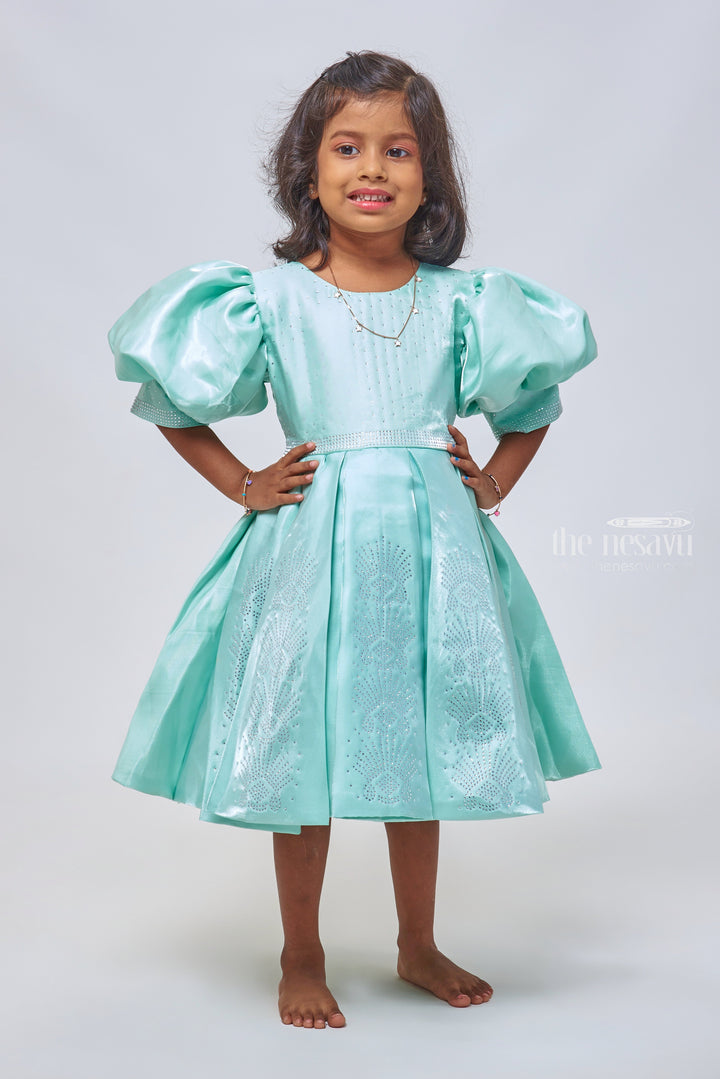 The Nesavu Girls Fancy Party Frock Sapphire Elegance: Sparkling Stone-Worked Box Pleated Organza Party Frock Nesavu Beautiful Baby Girl Party Frock | Exclusive Dresses for Young Girls | The Nesavu