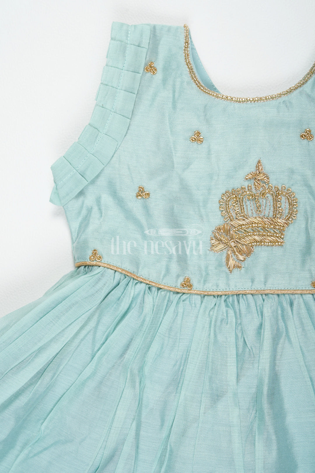 The Nesavu Girls Fancy Frock Sea Green Fancy Frock for Girls – Party Wear Sleeveless Dress with Gold Embroidery Nesavu Sea Green Party Wear Frock Infants Gold Embroidery Sleeveless Design Nesavu