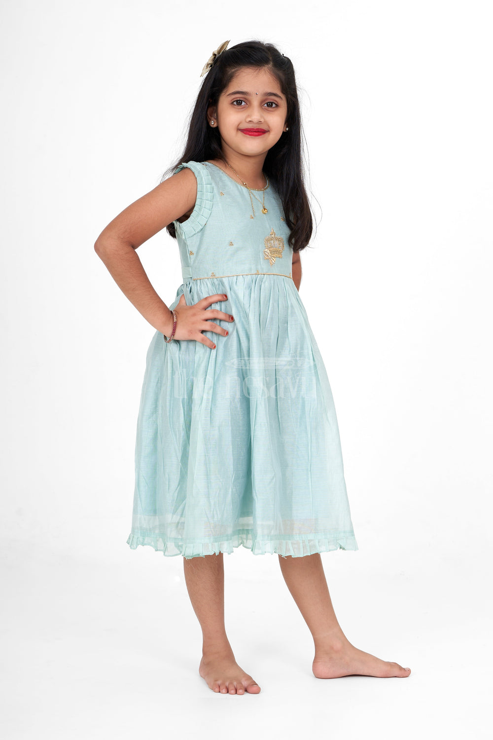 The Nesavu Girls Fancy Frock Sea Green Fancy Frock for Girls – Party Wear Sleeveless Dress with Gold Embroidery Nesavu Sea Green Party Wear Frock Infants Gold Embroidery Sleeveless Design Nesavu