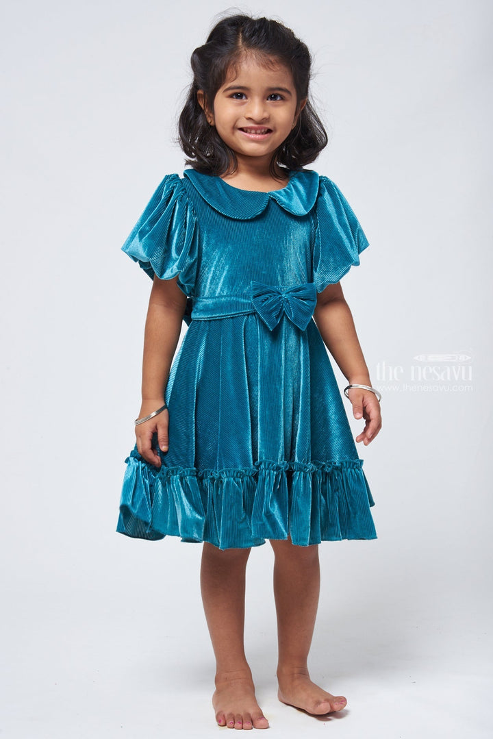 The Nesavu Frocks & Dresses Sea Green Velvet Baby Girl Frock - Flared Sleeves & Bow Applique Nesavu 14 (6M) / Green GFC1101B-14 Baby Frock for Girls | Girls Designer Frock | The Nesavu