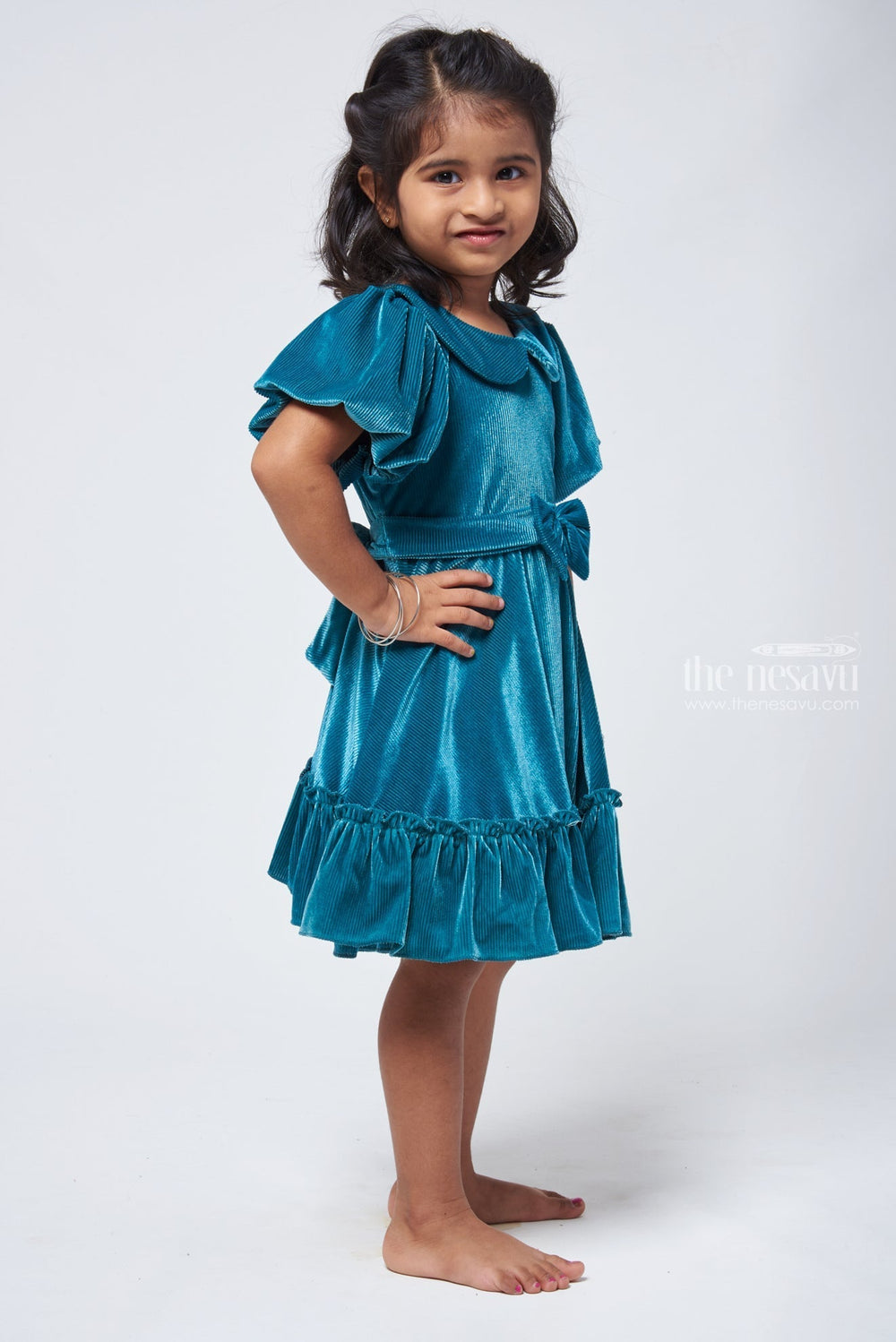 The Nesavu Frocks & Dresses Sea Green Velvet Baby Girl Frock - Flared Sleeves & Bow Applique Nesavu Baby Frock for Girls | Girls Designer Frock | The Nesavu