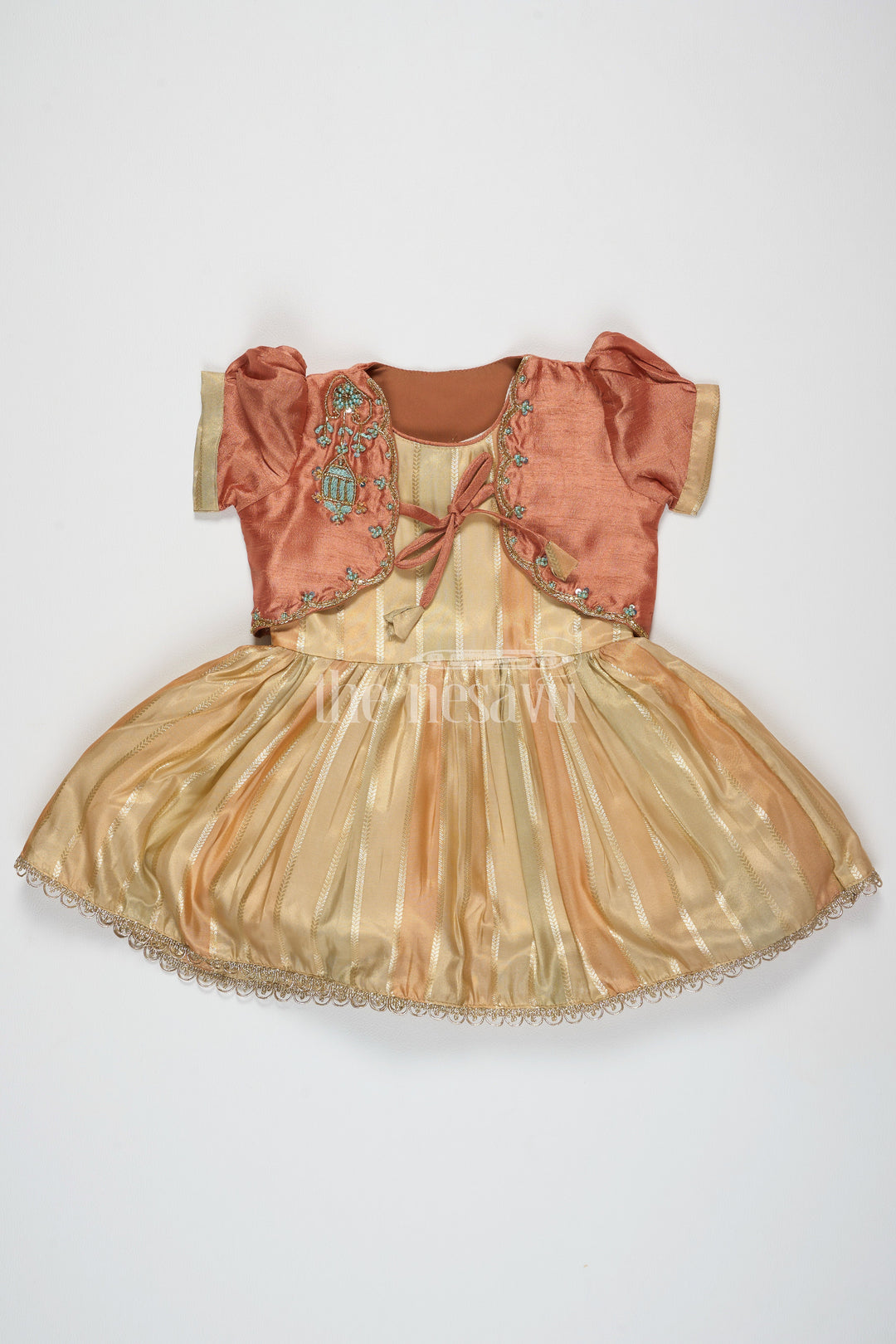 The Nesavu Silk Party Frock Semi Organza Tissue Embellished Gold Party Frock for Girls – Luxurious Festive Attire Nesavu 16 (1Y) / Gold SF921B-16 Girls Semi Organza Tissue Party Frock Gold Bolero Jacket Luxurious Festive Attire Nesavu