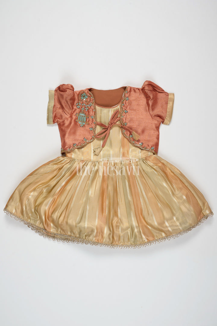 The Nesavu Silk Party Frock Semi Organza Tissue Embellished Gold Party Frock for Girls – Luxurious Festive Attire Nesavu 16 (1Y) / Gold SF921B-16 Girls Semi Organza Tissue Party Frock Gold Bolero Jacket Luxurious Festive Attire Nesavu