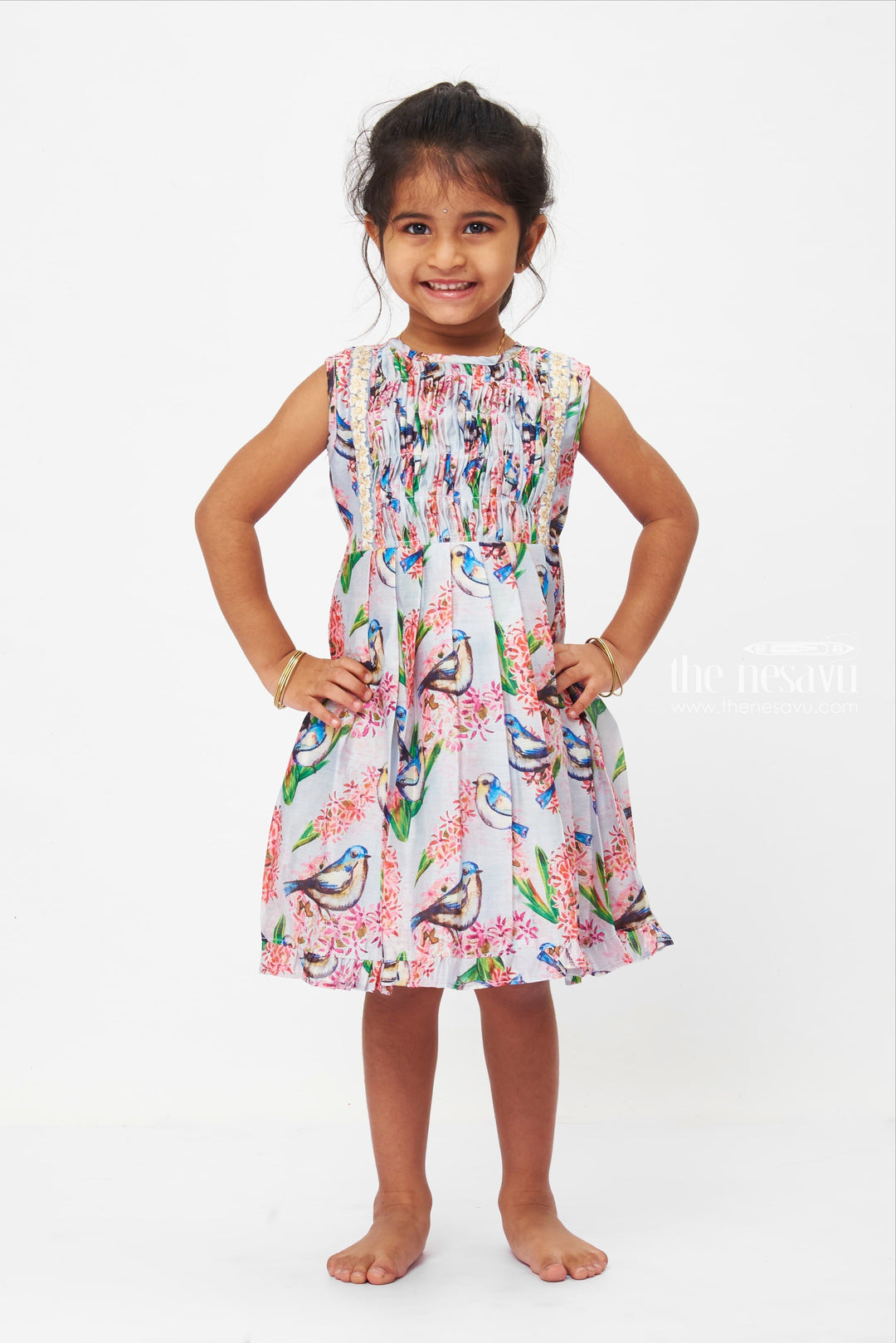 The Nesavu Girls Cotton Frock Serenade of Spring Dress: Sleeveless Bird & Bloom Print Frock for Girls Nesavu 12 (3M) / Gray GFC1201A-12 Girls Spring Bird Print Lace Dress | Grey Floral Frock | Playful Ruffled Hem | The Nesavu