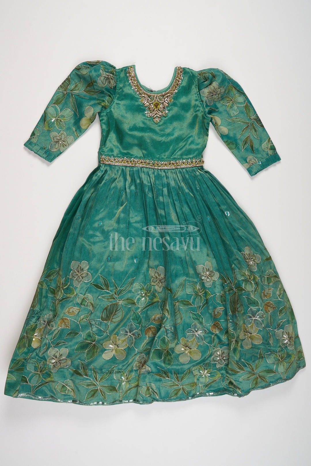 The Nesavu Girls Party Gown Shimmer Tissue Printed Girls Party Gown with Floral Motif for Evening Events and Celebrations Nesavu Nesavu Shimmer Tissue Green Girls Evening Gown Floral Print Ideal Special Celebrations Family Gatherings