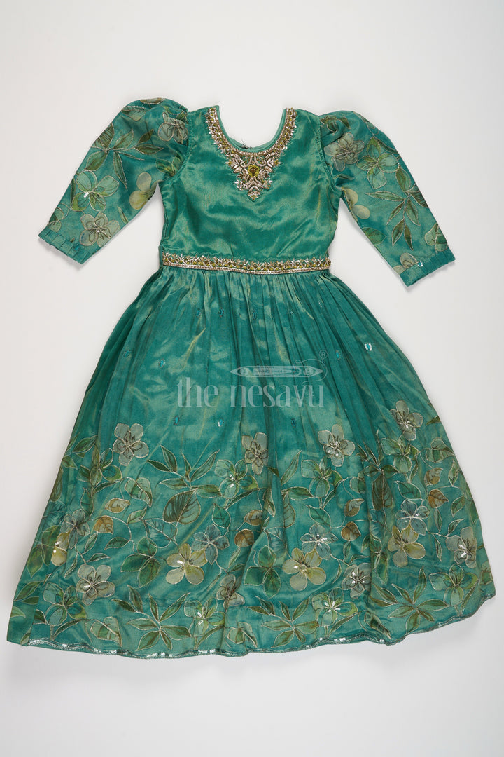 The Nesavu Girls Party Gown Shimmer Tissue Printed Girls Party Gown with Floral Motif for Evening Events and Celebrations Nesavu Nesavu Shimmer Tissue Green Girls Evening Gown Floral Print Ideal Special Celebrations Family Gatherings