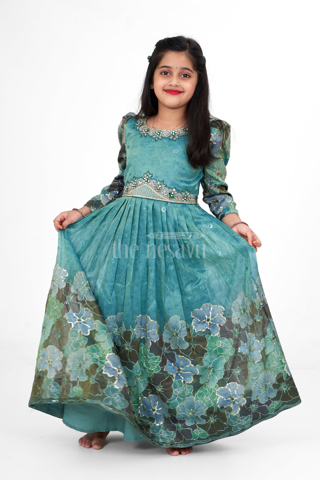 The Nesavu Girls Party Gown Shimmer Tissue Printed Western Girls Party Gown with Embroidery for Birthdays and Festive Gatherings Nesavu 24 (5Y) / Turquoise GA284A-24 Nesavu Turquoise Shimmer Tissue Girls Western Party Gown Embroidery Perfect Birthdays Special Gatherings