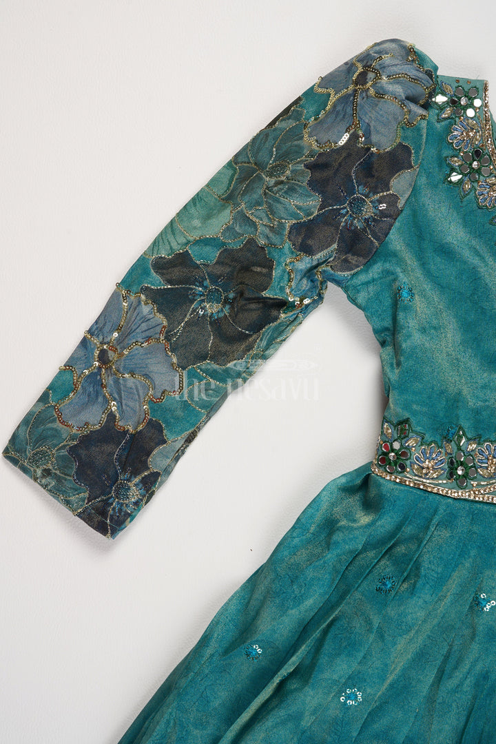 The Nesavu Girls Party Gown Shimmer Tissue Printed Western Girls Party Gown with Embroidery for Birthdays and Festive Gatherings Nesavu Nesavu Turquoise Shimmer Tissue Girls Western Party Gown Embroidery Perfect Birthdays Special Gatherings