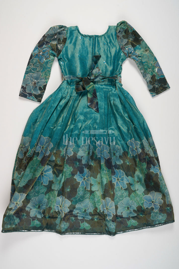 The Nesavu Girls Party Gown Shimmer Tissue Printed Western Girls Party Gown with Embroidery for Birthdays and Festive Gatherings Nesavu Nesavu Turquoise Shimmer Tissue Girls Western Party Gown Embroidery Perfect Birthdays Special Gatherings