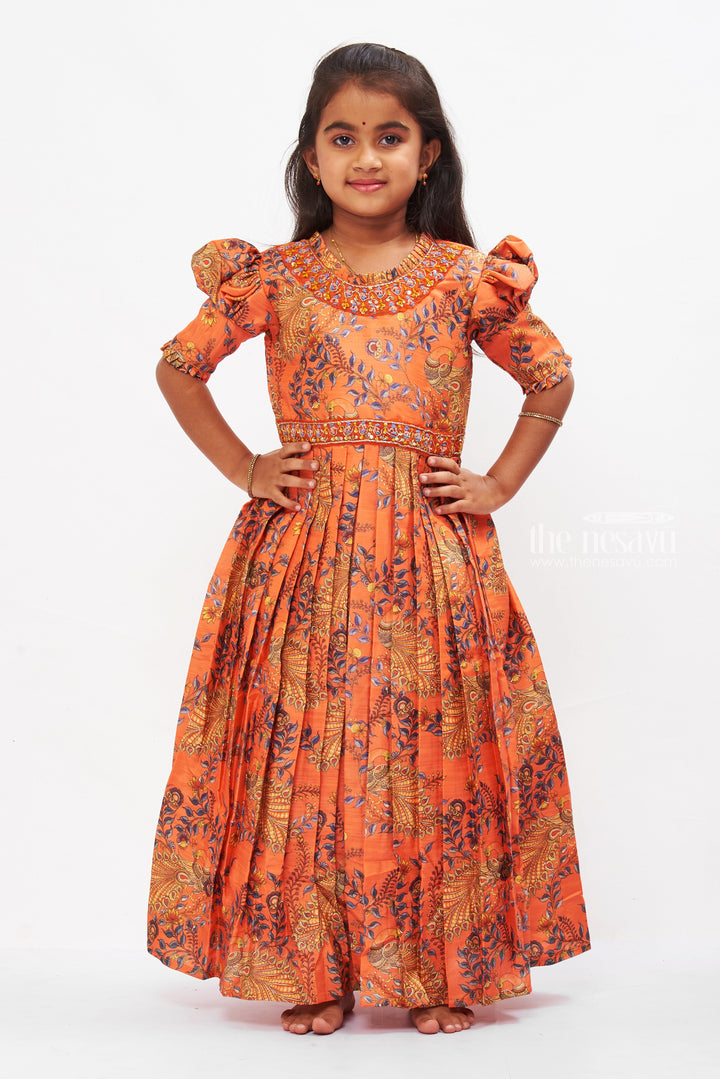 The Nesavu Girls Silk Gown Sienna Splendor Embroidered Anarkali Gown for Girls- Traditional Festive Dress Nesavu 16 (1Y) / Orange / Blend Silk GA204A-16 Traditional Embroidered Anarkali Gown for Girls | Sienna Festive Wear | The Nesavu