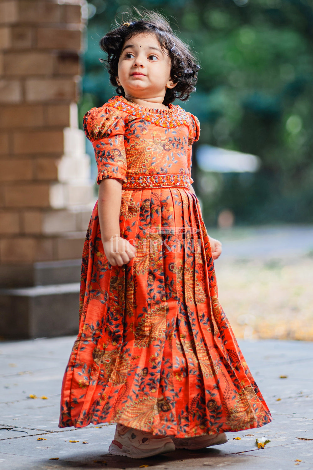 The Nesavu Girls Silk Gown Sienna Splendor Embroidered Anarkali Gown for Girls- Traditional Festive Dress Nesavu 16 (1Y) / Orange / Blend Silk GA204A-16 Traditional Embroidered Anarkali Gown for Girls | Sienna Festive Wear | The Nesavu