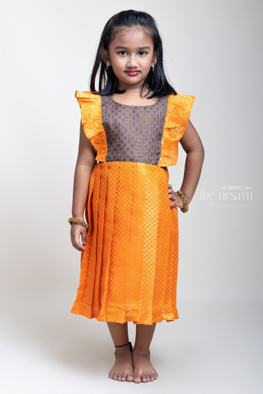 The Nesavu Silk Frock Silk Frock With Brown Yoke And Brocade Printed Orange Flare psr silks Nesavu 10 (NB) / Orange SF472C