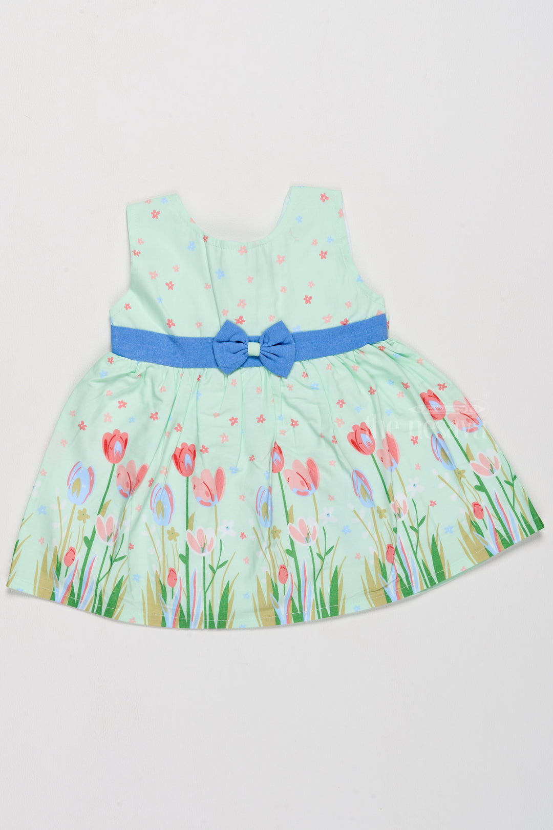 The Nesavu Baby Cotton Frocks Simple Cotton Dress for Girls with Pastel Tulip Prints and Waist Bow Nesavu 14 (6M) / Green BFJ706B-14 Nesavu Simple Cotton Girls Dress Pastel Tulip Prints Blue Bow Summer Outings