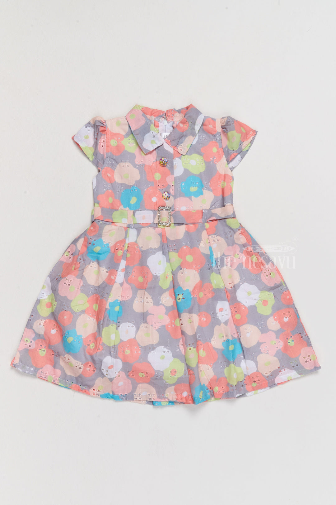 The Nesavu Girls Cotton Frock Simple Cotton Frock for Girls with Bright Floral Patterns and Waist Belt Nesavu 20 (3Y) / Gray GFC1545A-20 Nesavu Simple Cotton Girls Frock Floral Patterns Waist Belt Everyday Wear