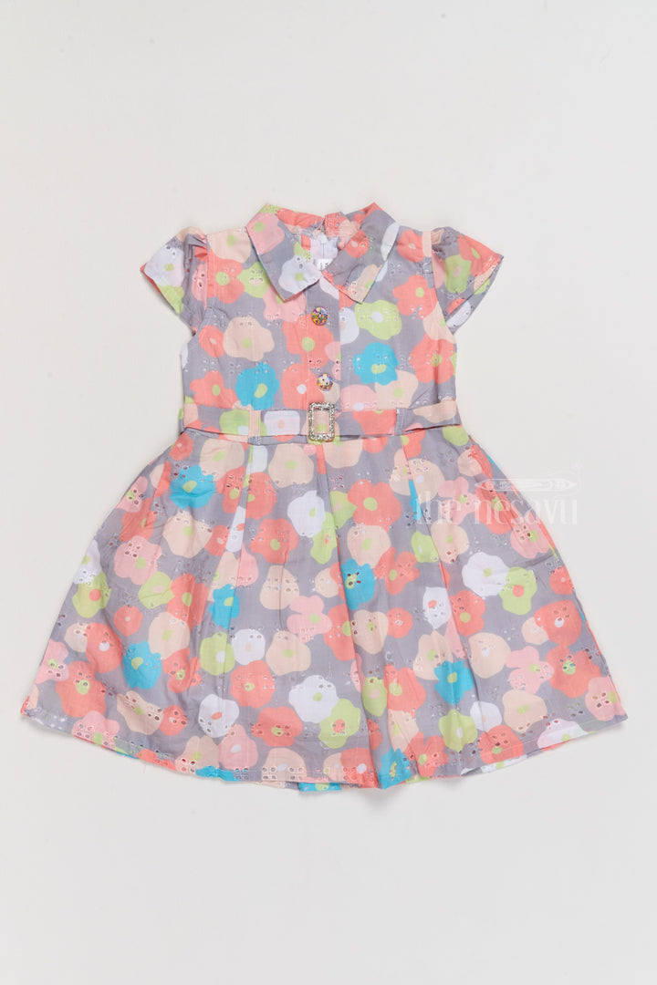 The Nesavu Girls Cotton Frock Simple Cotton Frock for Girls with Bright Floral Patterns and Waist Belt Nesavu 20 (3Y) / Gray GFC1545A-20 Nesavu Simple Cotton Girls Frock Floral Patterns Waist Belt Everyday Wear