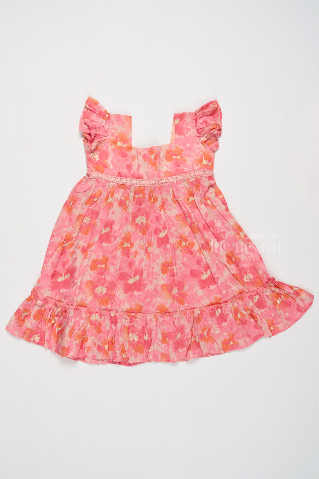 The Nesavu Girls Cotton Frock Simple Cotton Frocks for Babies in Pink with Ruffled Hem and Floral Print Nesavu Nesavu Simple Cotton Frocks Babies Ruffles Floral Prints Pink