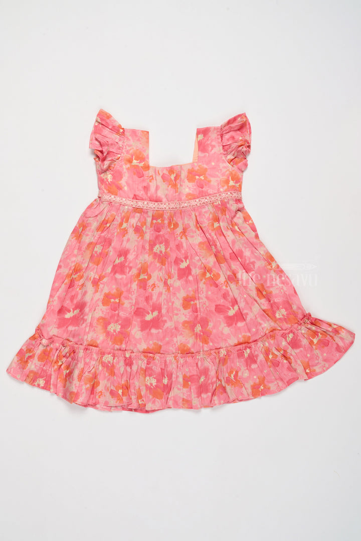 The Nesavu Girls Cotton Frock Simple Cotton Frocks for Babies in Pink with Ruffled Hem and Floral Print Nesavu Nesavu Simple Cotton Frocks Babies Ruffles Floral Prints Pink