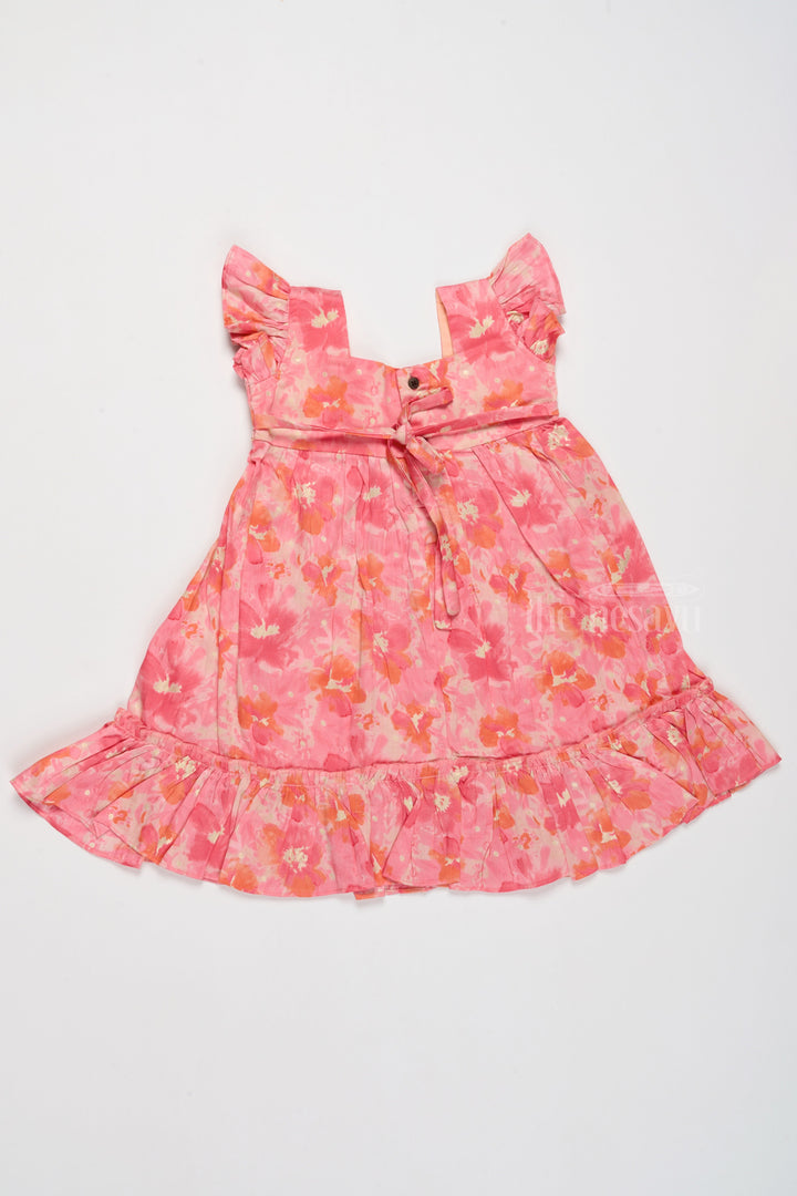 The Nesavu Girls Cotton Frock Simple Cotton Frocks for Babies in Pink with Ruffled Hem and Floral Print Nesavu Nesavu Simple Cotton Frocks Babies Ruffles Floral Prints Pink