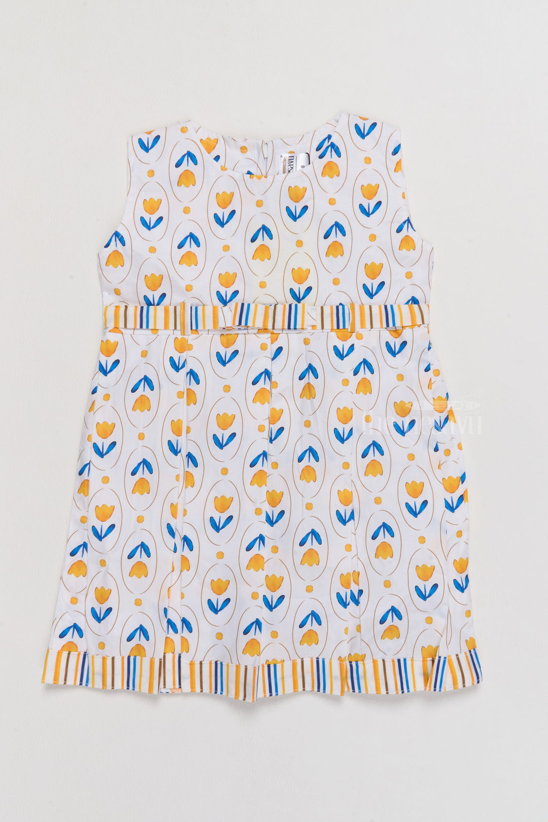 The Nesavu Baby Cotton Frocks Simple Cotton Frocks for Infants with Yellow Tulip Print and Striped Waistband Nesavu 14 (6M) / Yellow BFJ715B-14 Nesavu Simple Cotton Frocks Infants Yellow Tulip Print Breathable Fabric